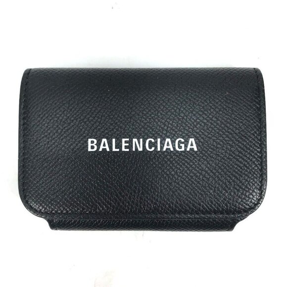 BALENCIAGA Wallet logo Business Card Holder Card Case Leather Black - Picture 1 of 9